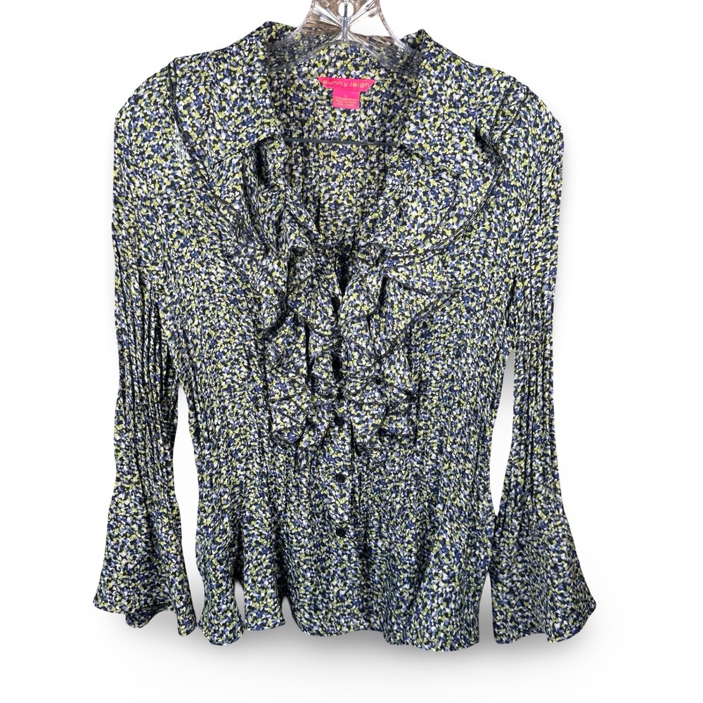 Sunny Leigh Womens Large Floral Button Down Ruffle Front Flare Long Sleeve Y2K